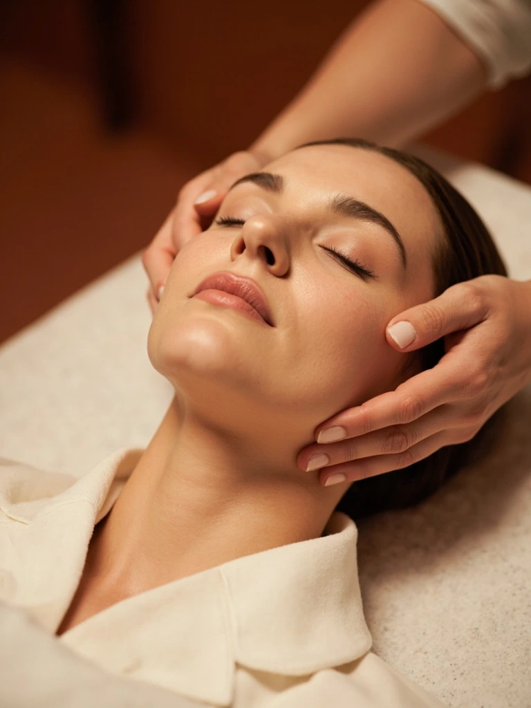 Licensed esthetician performing a facial in a softly-lit treatment room